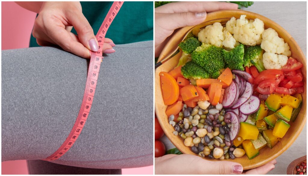 Prato saudável com alimentos anti-inflamatórios e ricos em fibras, como salmão, abacate, vegetais e frutas vermelhas.