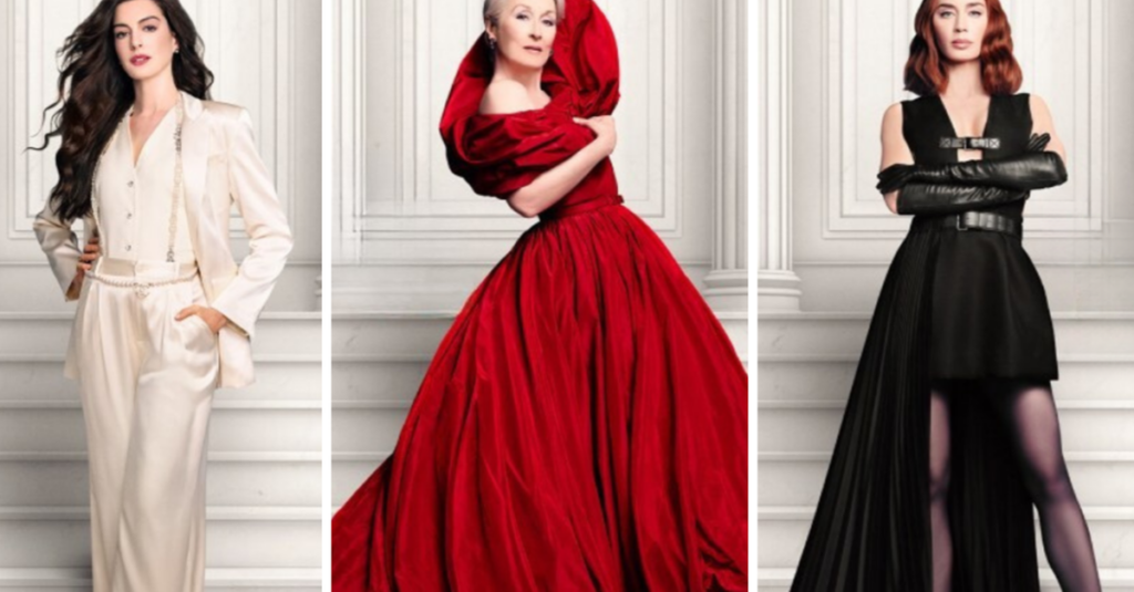 Atrizes Anne Hathaway, Emily Blunt e Meryl Streep em evento promovendo Diabo Veste Prada 2