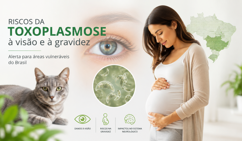Imagem ilustrativa sobre os riscos da toxoplasmose à visão e gravidez, mostrando uma grávida e gatos em um ambiente saudável