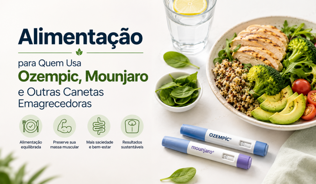 Prato com alimentos saudáveis para quem usa Ozempic, Mounjaro e outras canetas emagrecedoras para perda de peso.