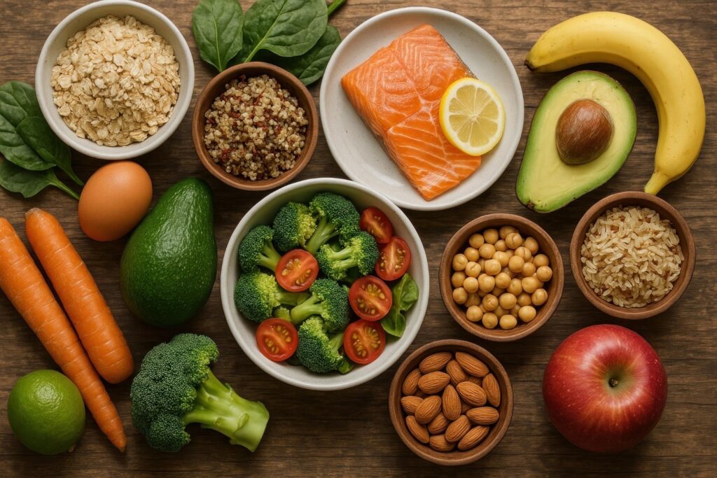 Prato colorido e saudável com frutas, vegetais, grãos integrais e peixe, representando a dieta anti-envelhecimento.